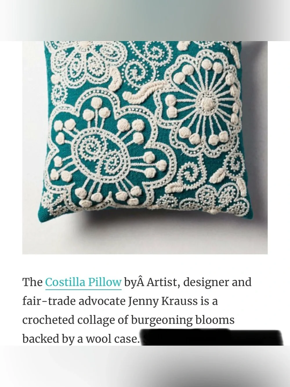 Jenny Krauss Costilla Pillow Case Cover Wool Made In Peru Crotchet Floral